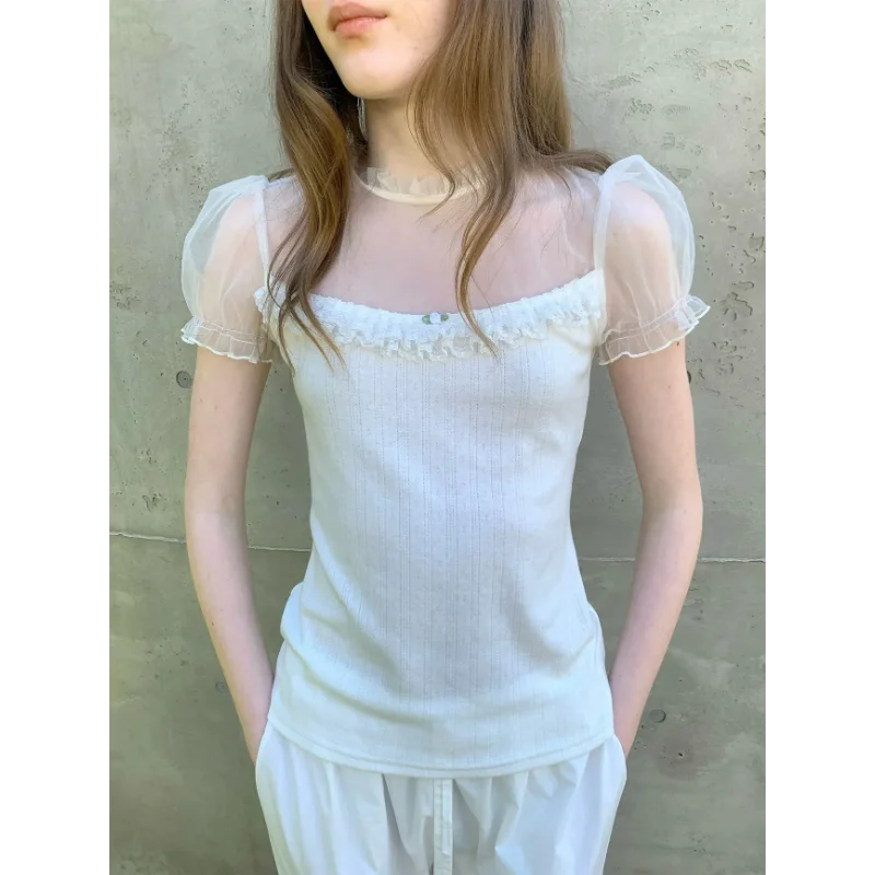 Korean Sweet Women Mesh Puff Sleeve Ruffle Ribbed Stretch Top White Floral Neck Slim Blouse