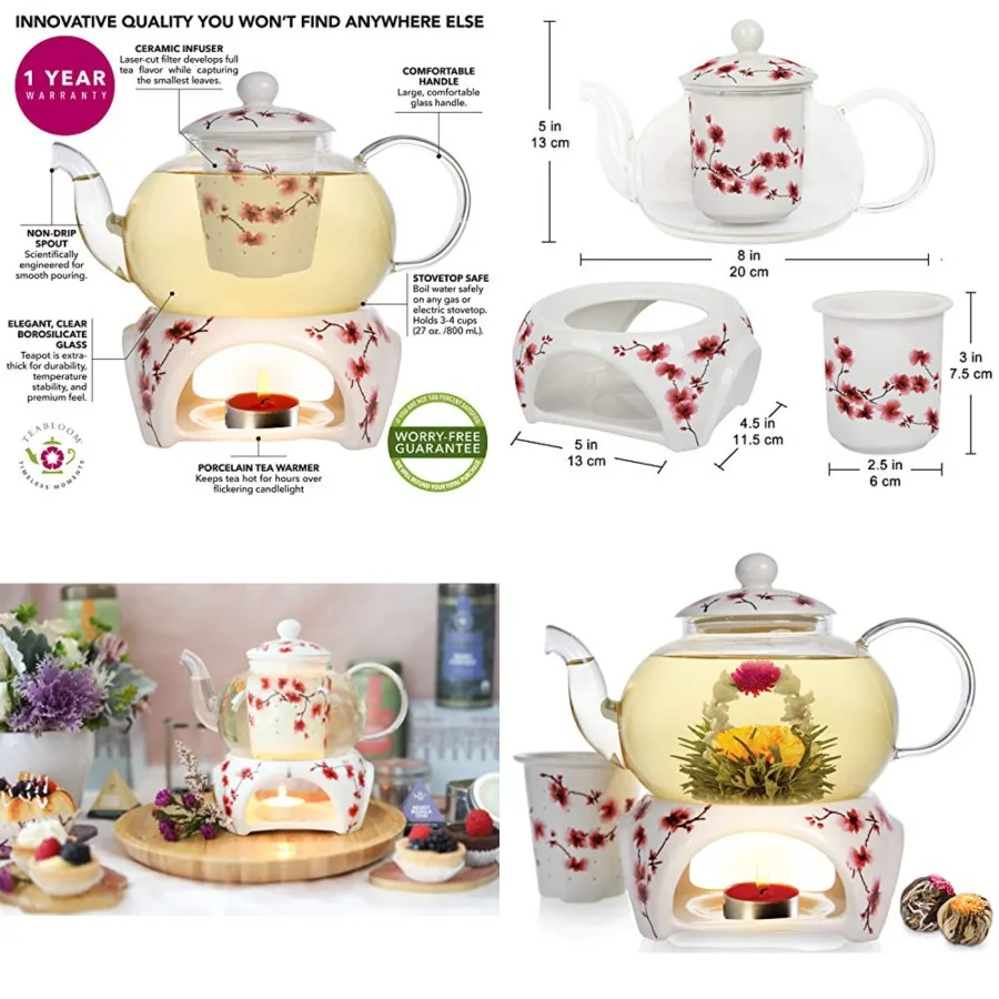 

Petite Cherry Blossom Teapot and Flowering Tea Gift Set - Glass Teapot 27 OZ/ 2-3 Cups,Porcelain Lid, Loose Tea Infuser, Tea Wa