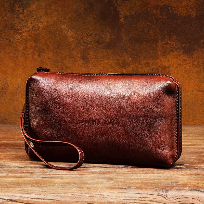 Retro Hand-painted Vegetable Tanned Leather Handbag MEN'S Casual Long Money Baotou Layer Leather Zipper Wallet Clutch Bag Soft