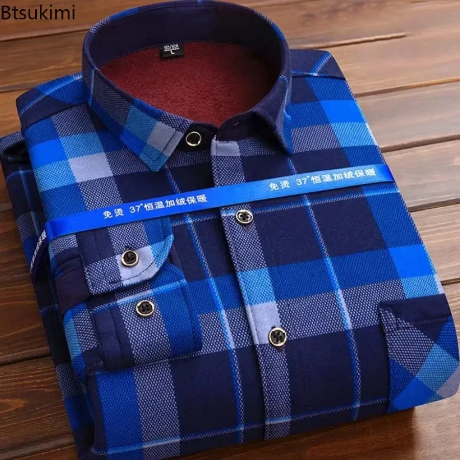 2024 Autumn Winter Flannel Men Shirt Long Sleeve Plaid Warm Shirt Thick Fleece Lined Soft Casual Flannel Warm Dress Shirt Male