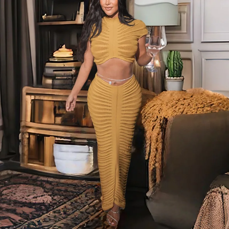 Sexy Women Two Piece Set Fashion Slim See Through Hollow Out Crop Top And Bodycon Skirt Set Ladies Party Set