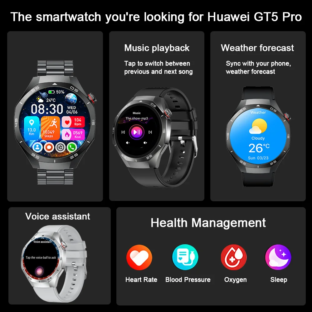화웨이 GT5 PRO 스포츠 야외 SmartWatch 남성 업그레이드 버전 AMOLED 스크린 블루투스 통화 심박수 방수 여성 시계
