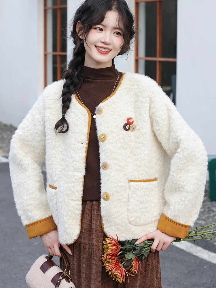 

Cute Faux Lamb Warm Coat Women Sweet Winter Warm Faux Suede Inside Jacket Casual O Neck Female Vintage Preppy Style Design Tops