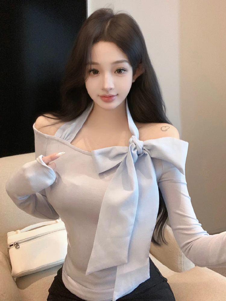 Korejpaa Halter Bow Women T Shirts 2024 Autumn Korean Style Slimming Short Sweet Top Gentle Solid Color Off Shoulder Sexy Tops