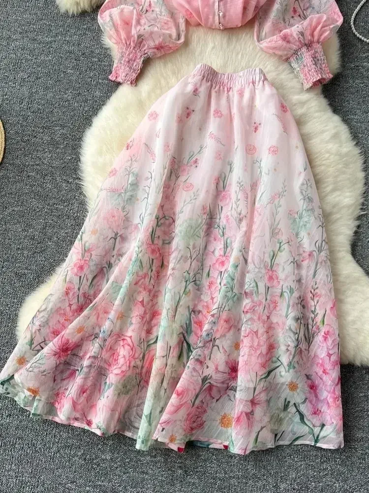 Summer Holiday Organza Gorgeous Flower 2 Piece Set Women Long Lantern Sleeve Shirt Blouse and Elastic Waist A Line Skirt Suit