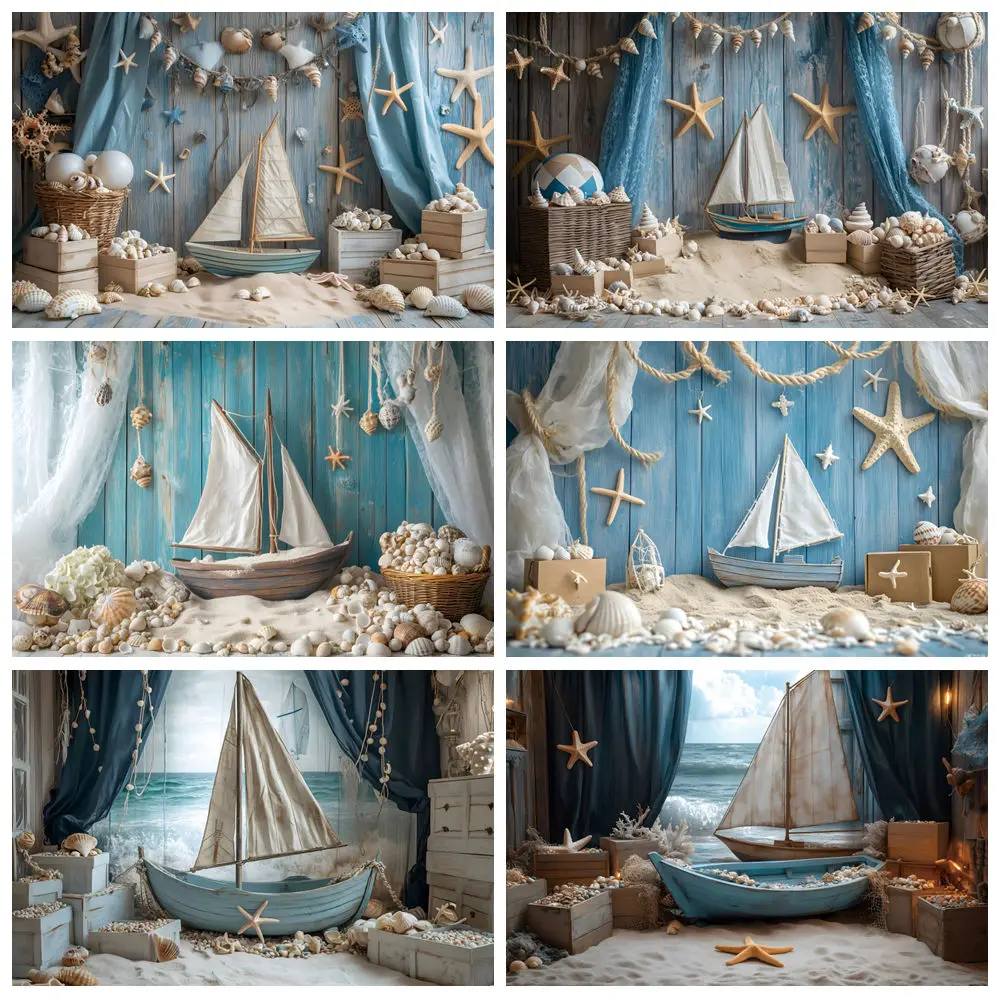 

Summer Beach Sailboat Backdrop Sea Star Sailboat Sailboat Rudder Kids Birthday Party Photography Background Decor Photo Studio