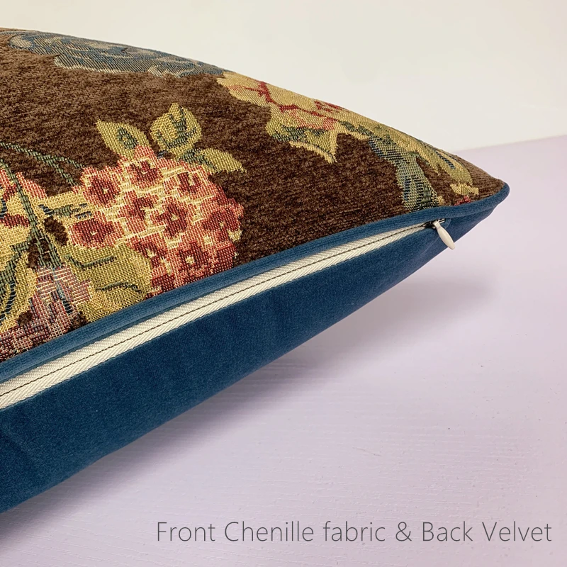 Hinyeatex Vintage Heavy Pillow Case Floral Brown Blue Plant Soft Chenille Velvet Cushion Cover 18x18 \