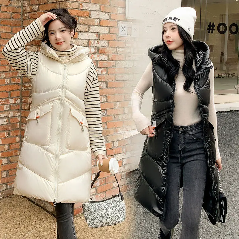 Fashion Twotwinstyle Long Hooded Vest Women Sleeveless Jacket Lady Casual Warm Outerwear Waistcoat Female Girls Cute Vests 1191