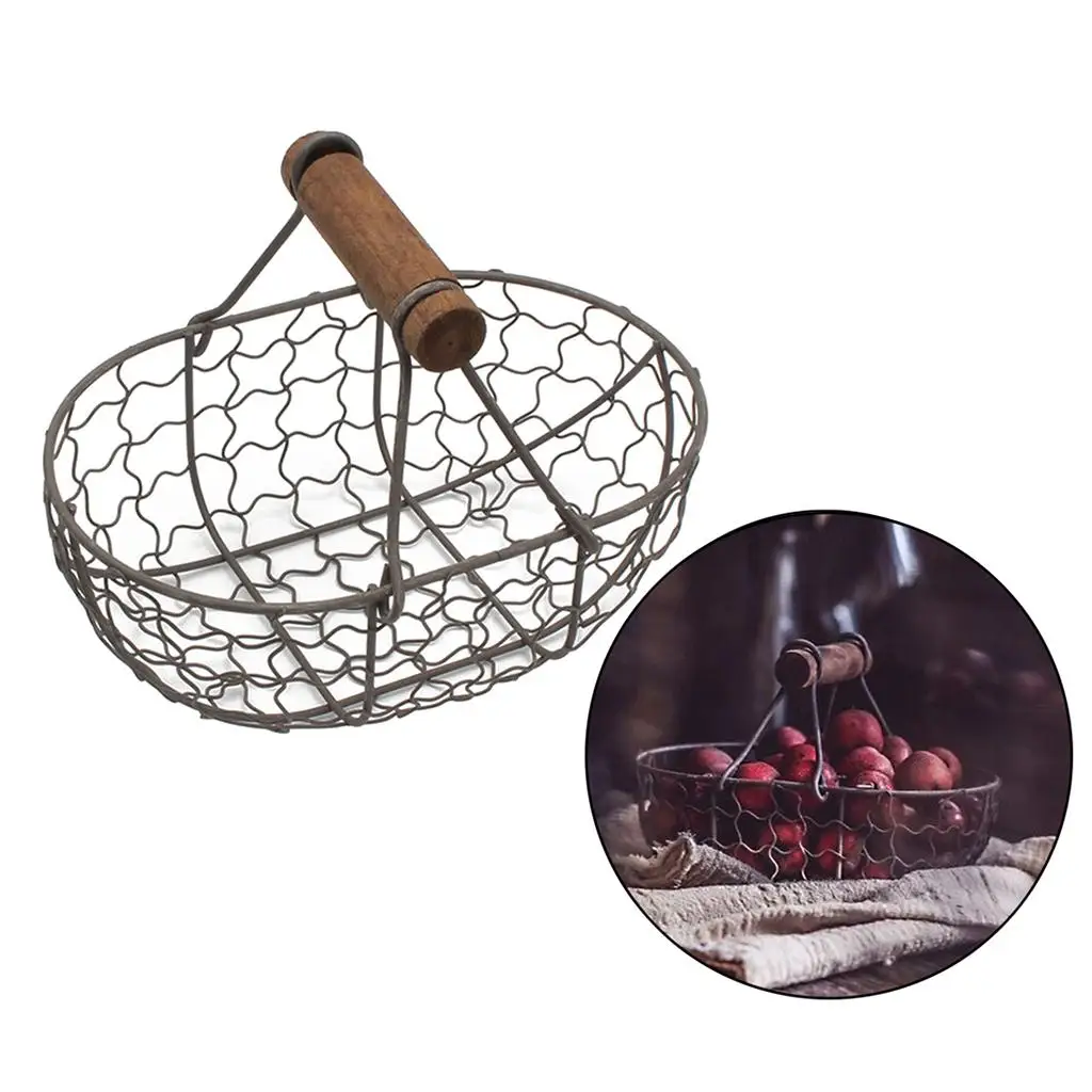 Wooden Handle Metal Retro Basket Portable Vegetable Fruit Egg Storage Basket