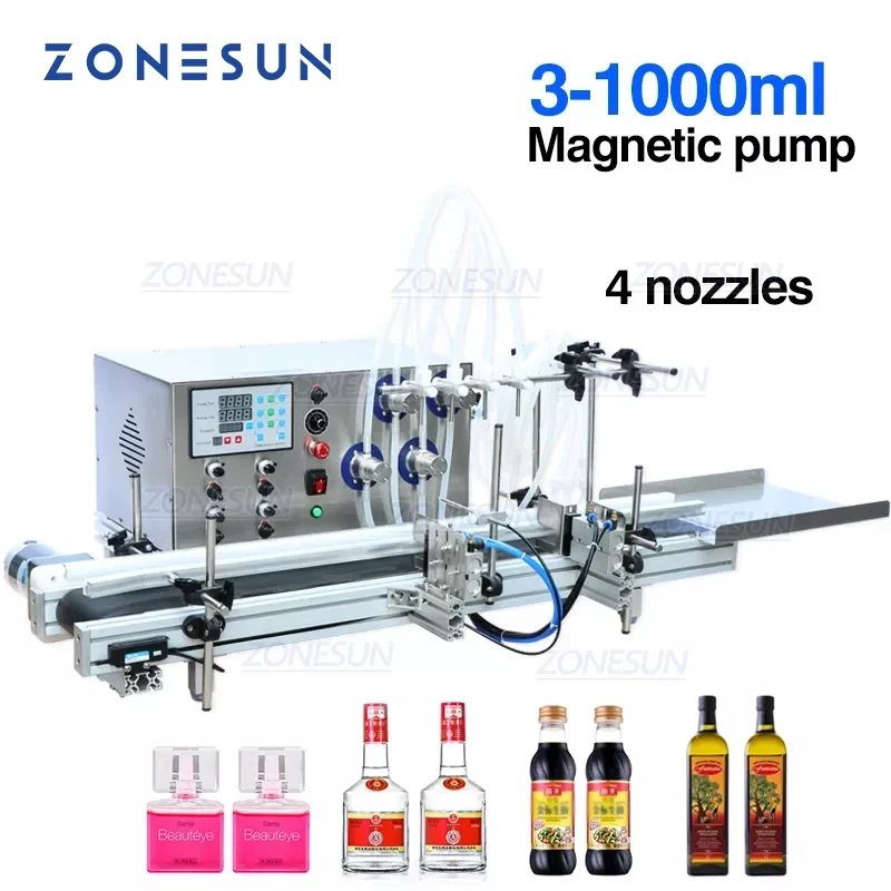 

ZONESUN 4 Nozzles Magnetic Pump Automatic Desktop CNC Liquid Water Filler With Conveyor 110V-220V For Perfume Filling Machine