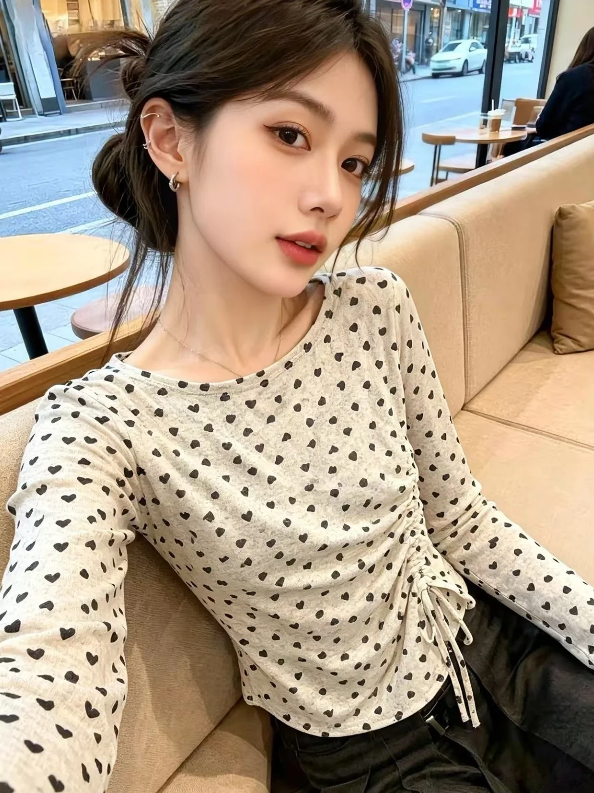 

Women's Polka Dot Drawstring Waist Long Sleeve Double Layered Mesh T-Shirt Summer New Gentle Sunshade Cover up Commute Style