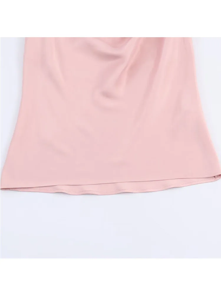 Vrouwen Satijn Halter Top 2025, Vrouwen Nieuwe Mode Mouwloze Rimpel V-hals Metalen Ketting Halter Top Vrouwen Sexy Elegant Vest