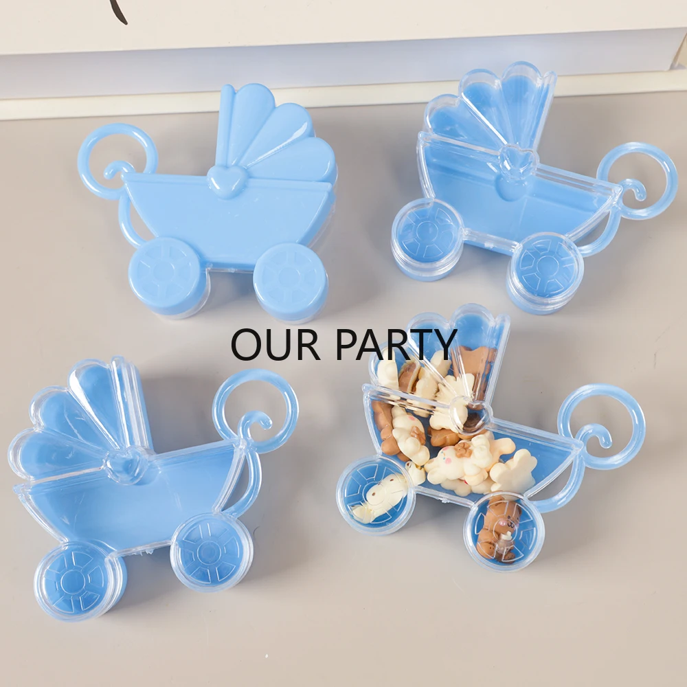 4Pcs Cute Baby Carriage scatola di caramelle di plastica Gender Reveal Theme scatole di imballaggio regalo per bambini compleanno Baby Shower Party