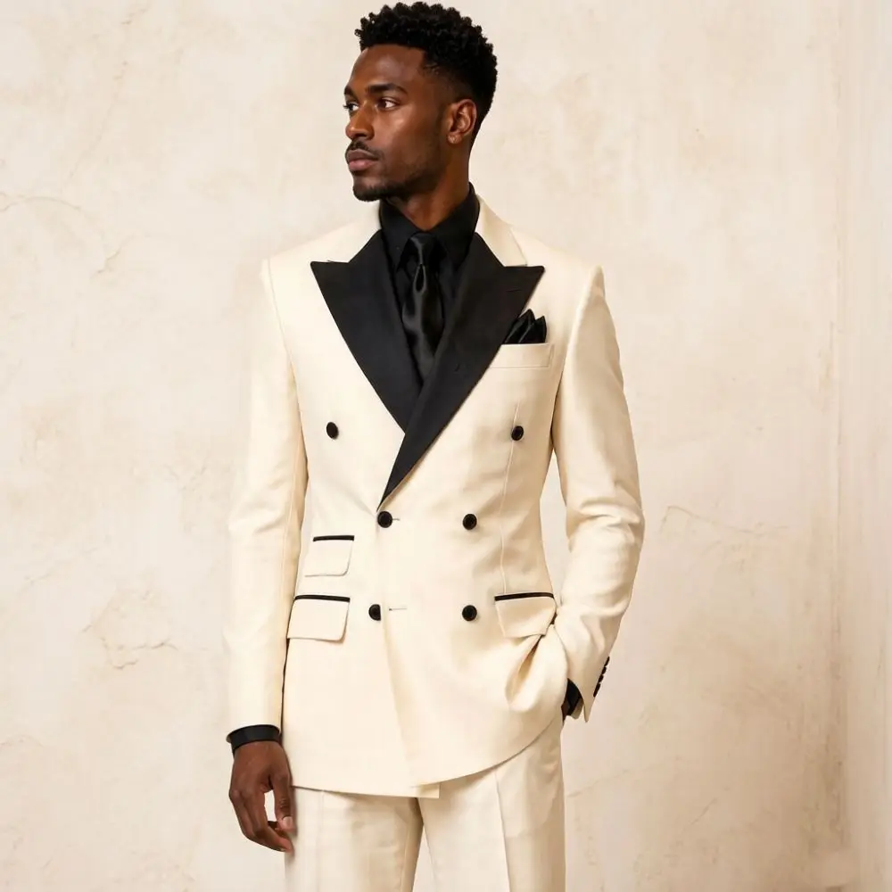 Elegant Double Breasted White Suits for Men Luxury Satin Lapel Groom 2 Pieces Mix Match Separates Hotel Wedding Banquet Style