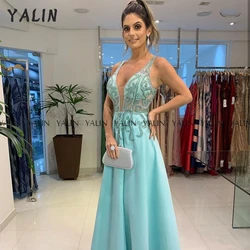 Customized Mint Green Evening Dress Sexy Prom Grown Satin V-Neck Spaghetti Strap A Line 3D Crystal evening dresses long luxury