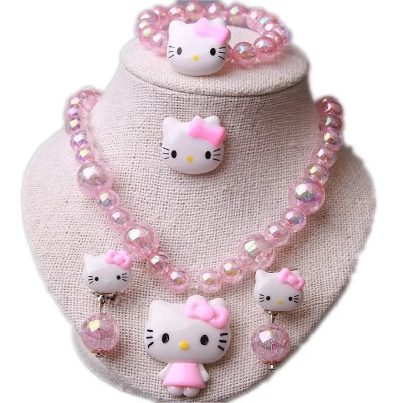 Cartoon SanrioHello Kitty Necklace Hairclips Ring Set Toy Kawaii Hellokitty Kid Hairpins Girl Heart Accessories Birthday Gifts