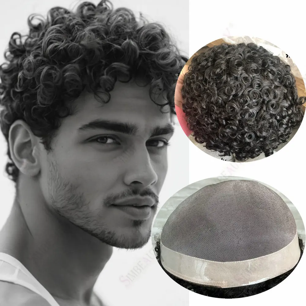 

New Men Toupee 18MM Curly Brown Hair Fine Mono NPU6" 15mm/20mm Curly Human Hair Male Capillary Prothesis Hair Replacement System