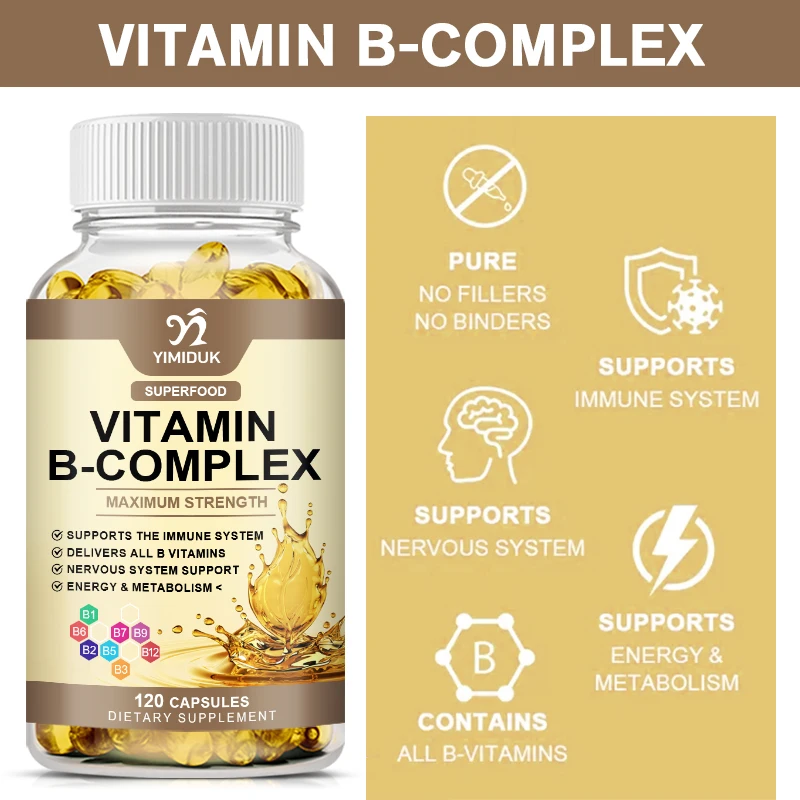 Organic Vitamin B Complex Capsule (B12 B1 B2 B3 B5 B6 B7 B9 Folic Acid & Biotin) Relieve Stress Supports Better Mood