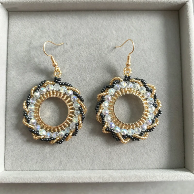 Sparkling Large Hoop Earrings, with Crystal Zircon Stones Hand-Wrapped Around the Hoop in a Multi-Layered Weave