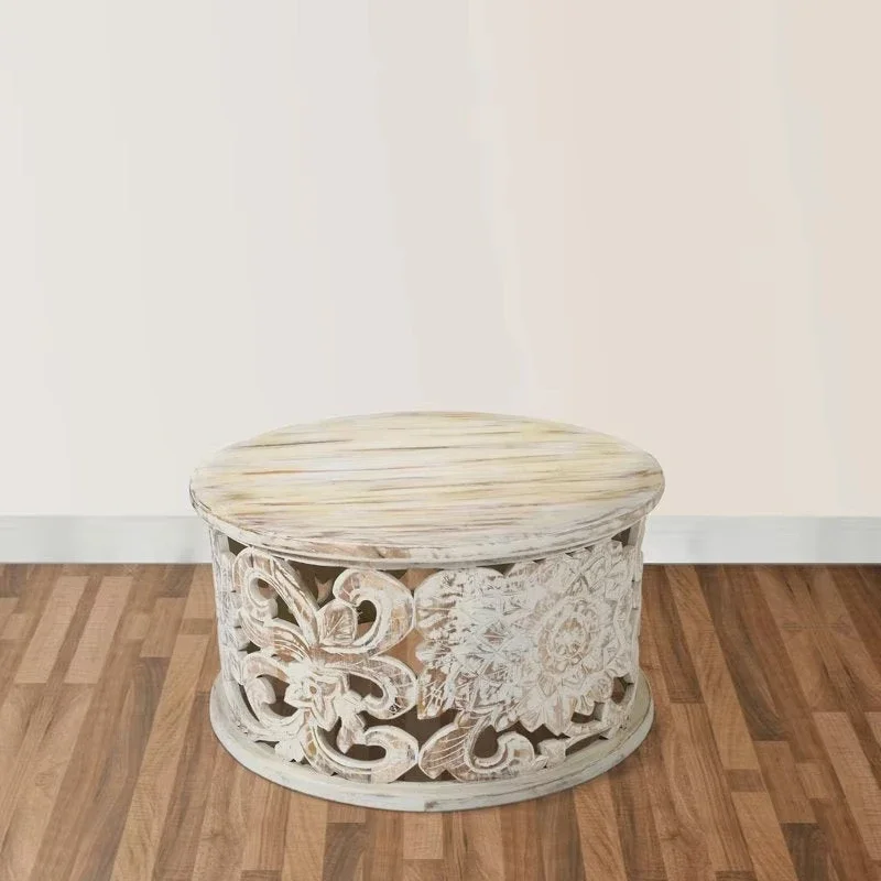 

Elegant traditional interior style imitation, white floral carving coffee table handmade round interior decoration