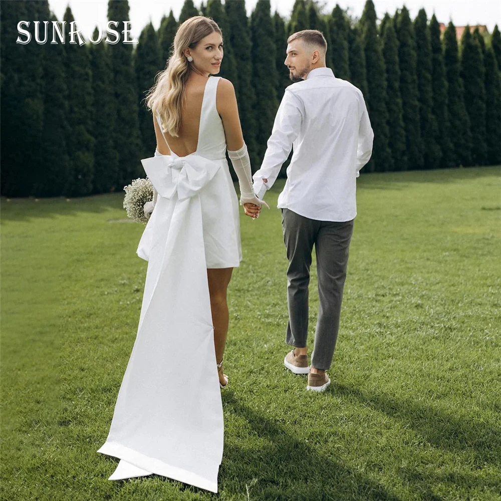 

SUNROSE Satin Wedding Dresses Short with Big Bow Train Backless V-Neck Above Knee Mini Bridal Reseption Dress Plain Bride Gowns