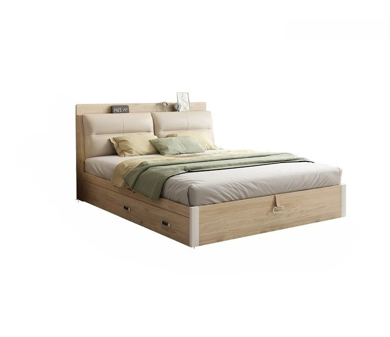 

Wooden moon bed modern and simple log color soft board storage multicolor optional high box bedroom pneumatic storage