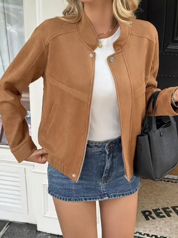 

2025 Autumn and Winter Solid Color Round Neck Zipper Front Short Jacket for Women, Fashionable, Simple and Trendy Short Jacket