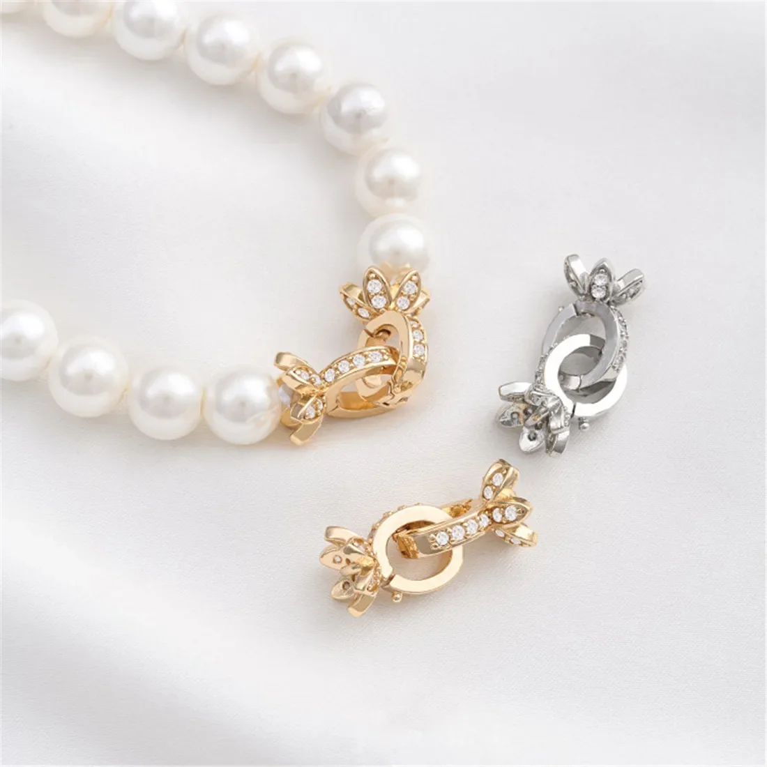 

14K Gold Inlaid Zirconium Lotus Double Button Handmade DIY Pearl Bracelet Necklace with Connecting Closure Buckle Accessories