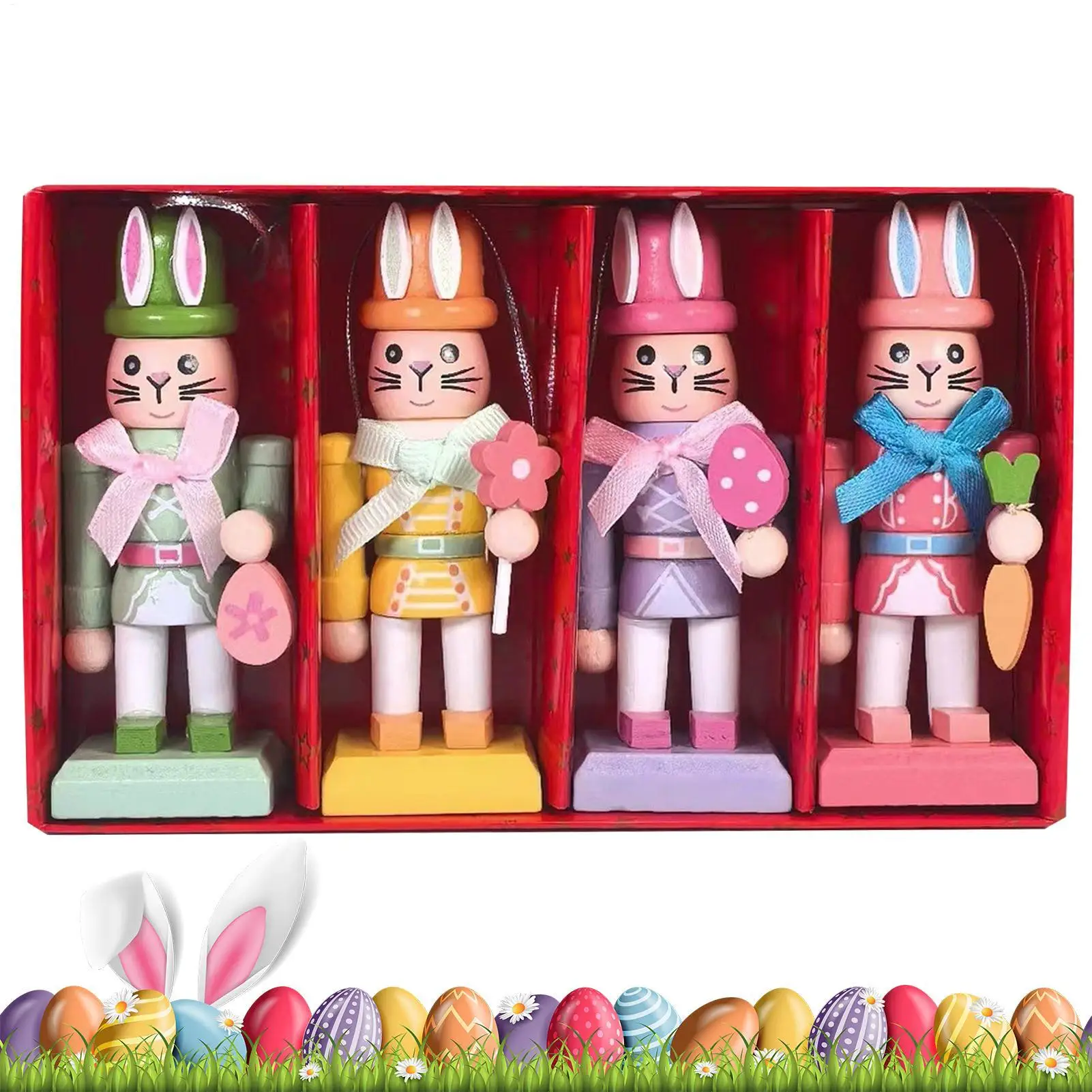 Hasen-Nussknacker, 4 Stück, hölzerne Oster-Tischskulpturen, 4,1 Zoll große Hasenfiguren für Arbeitsplatz, Zuhause, Schlafzimmer, Kaminsims, Feiertage