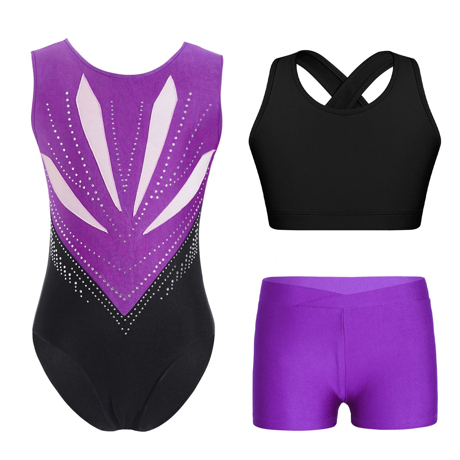 2025 Bambini Set di danza ritmica Ragazze Bowknot Ritaglio Indietro Strass Body + Vest + Pantaloncini Balletto Pattinaggio Ginnastica Abiti da palcoscenico