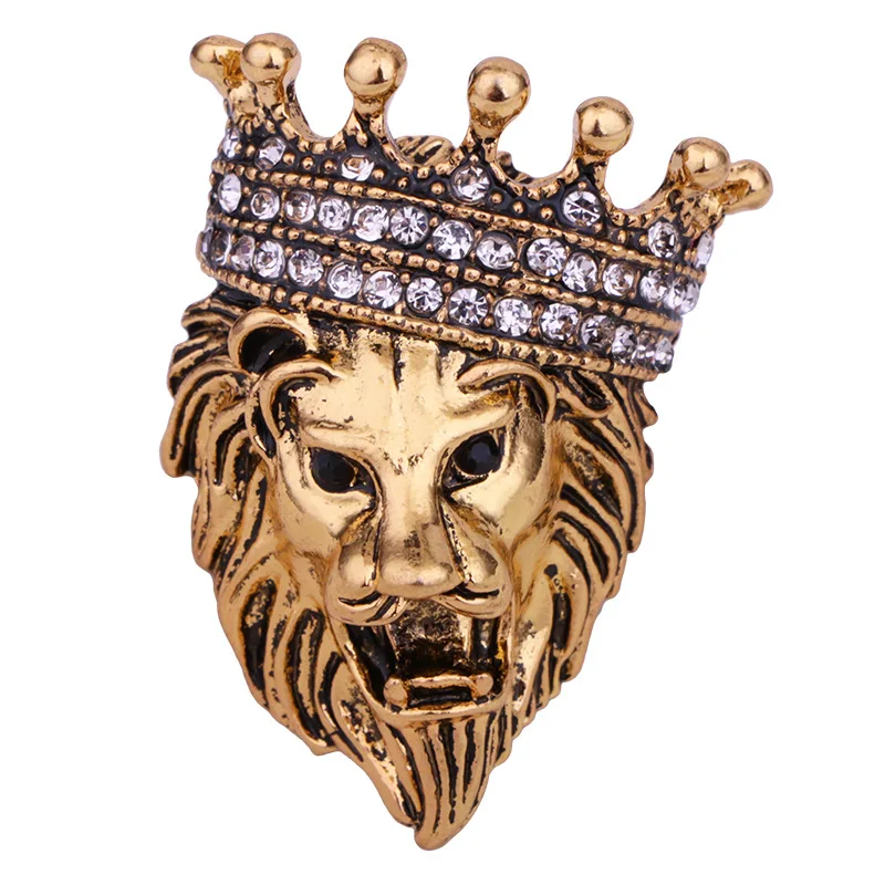 Vintage Lion Head Brooches Rhinestone Crown Animal Brooch Pin Men Suit Pin Garment Accessories