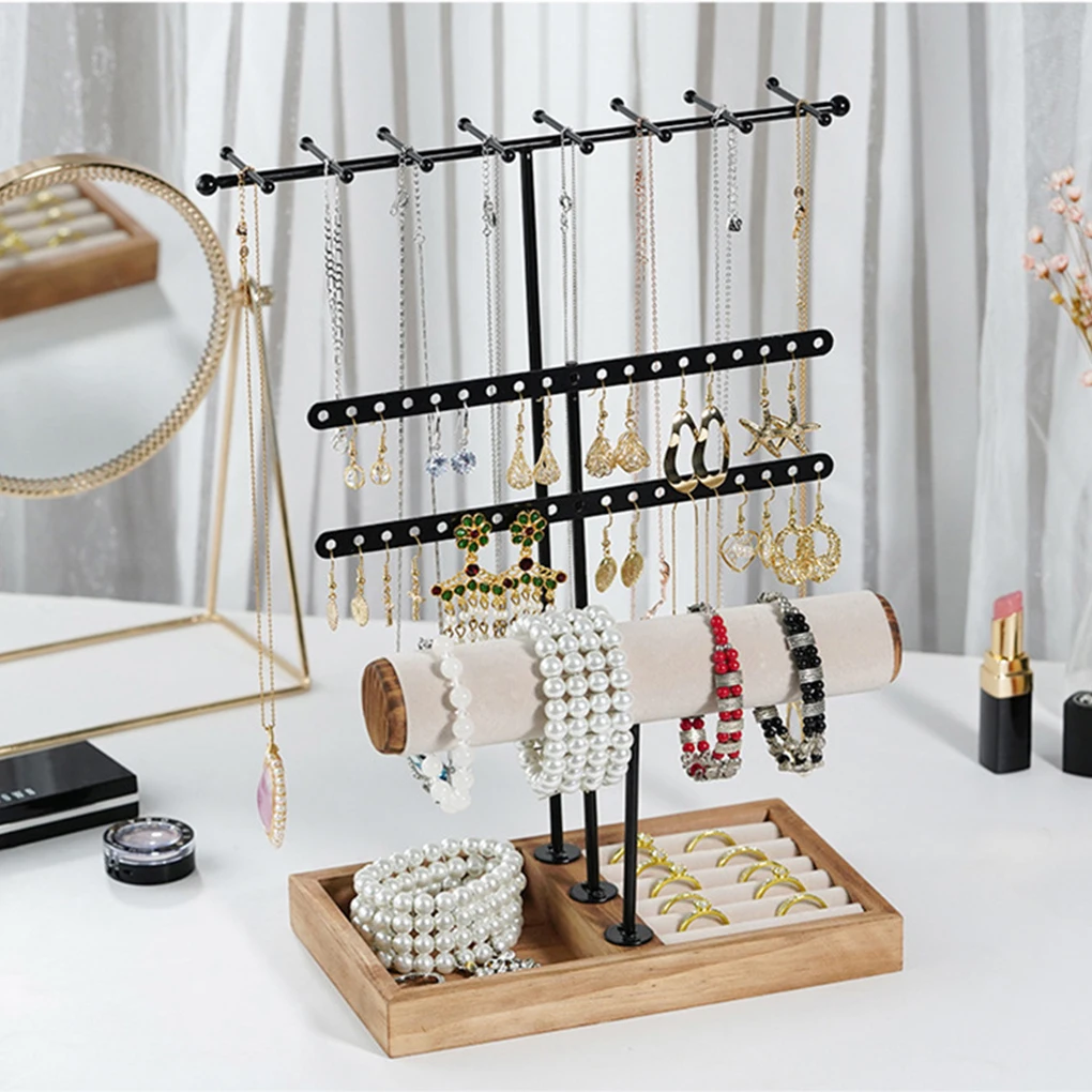 Hanging Jewelry Black Metal T-shaped Holder Base Display Stand Hanger 4 Tiers Large Capacity Rack Bracelet Storage