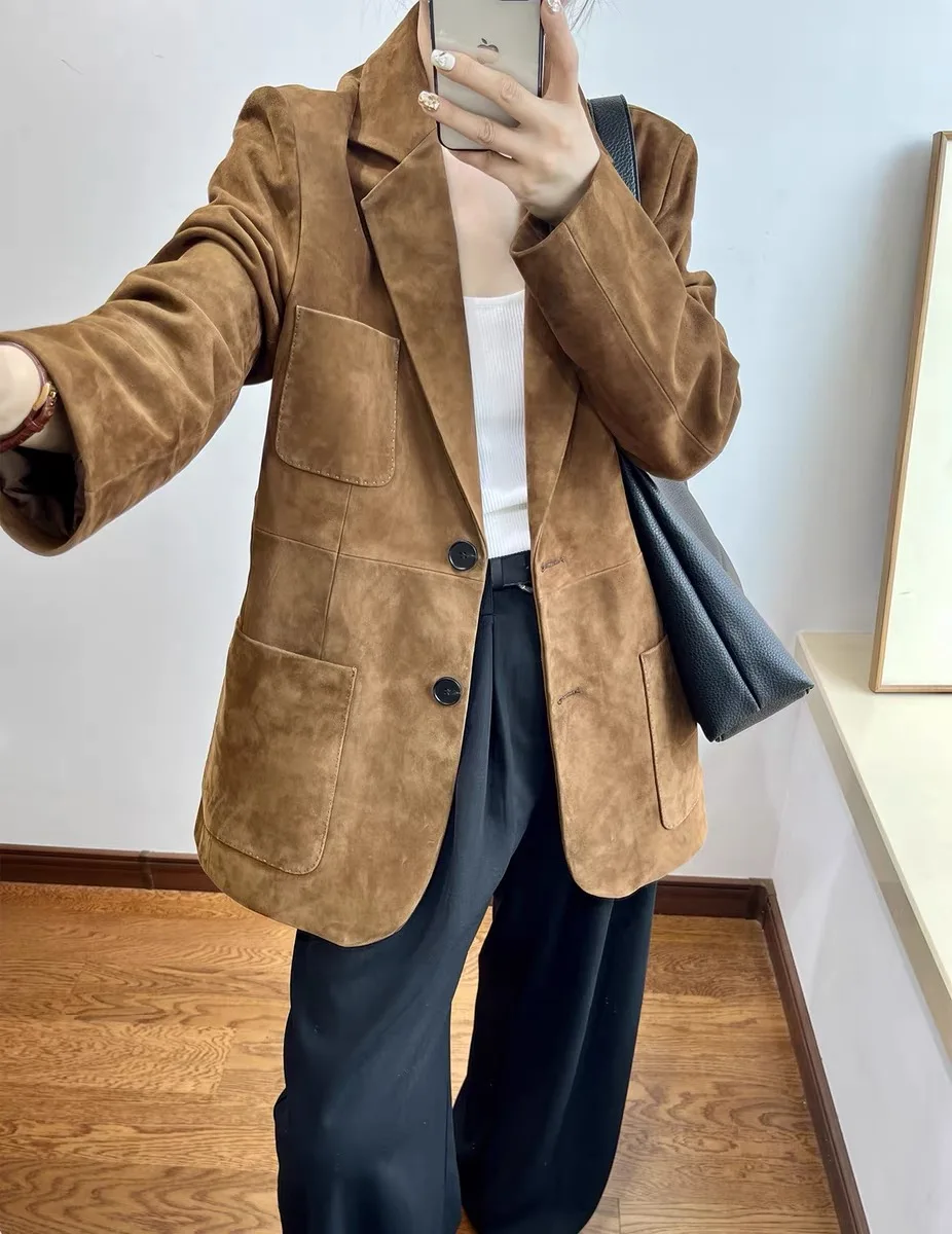 レトロスエードレザースーツコート女性用2025秋冬本革カウスエードジャケットヴィンテージコーヒージャケットアウターポケット付き