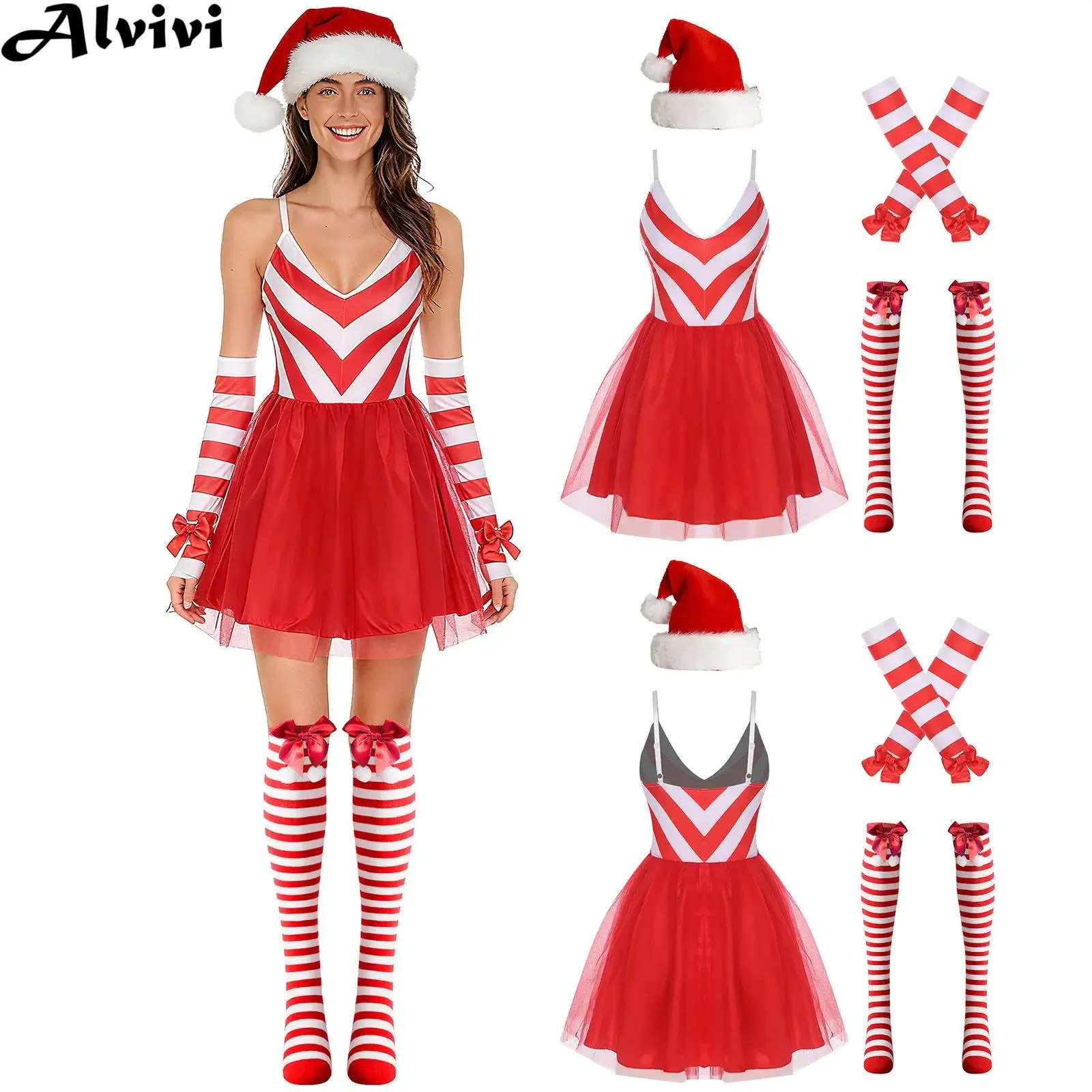 Abito da ballo natalizio da donna, festa di Natale, Capodanno, costume da elfo di Babbo Natale, cinghie regolabili, maniche a tutù in tulle a righe con bastoncino di zucchero