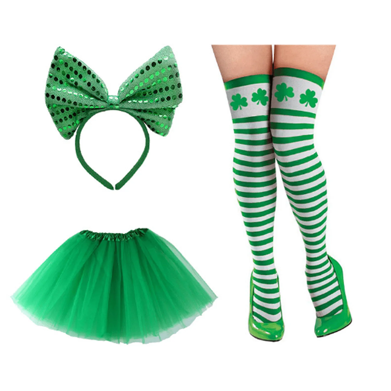 St. Patrick's Day costume accessories three piece bow headband, short skirt, and long socks, suitable for Irish party outfits