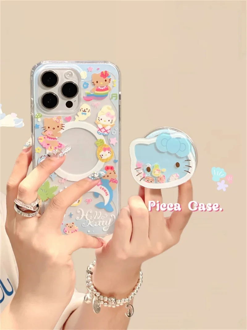 Cute Hello Kitty Mermaid Cartoon Magsafe Wireless Charge Phone Case For iPhone 15 14 13 12 16Pro Max Kitty Magnetic Holder Cover