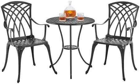 

Patio Bistro Set 3-Piece Outdoor Cast Iron Table & Chairs with Umbrella Hole, Black