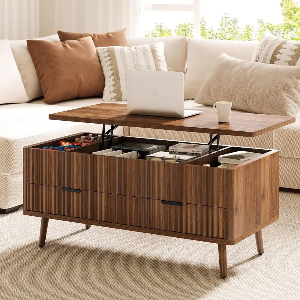 Large Center Table with Storage - Wooden Coffee Tables for Living Room with Drawers & Hidden Compartment, Century Modern Square