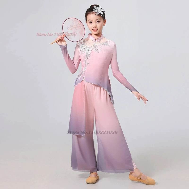 2025年伝統的な中国の子供たちのダンス衣装、花の刺繍グラデーションカラーメッシュ漢服トップス+パンツステージパフォーマンスドレス