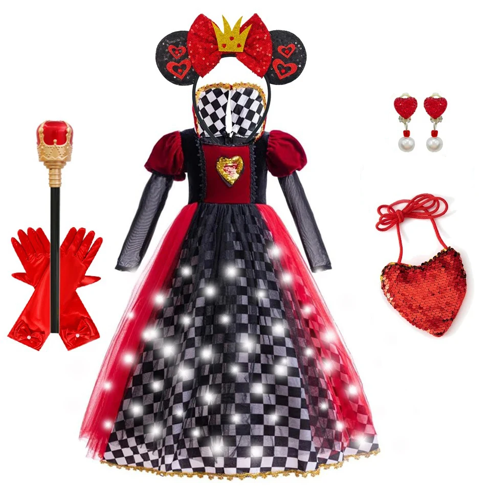 Disfraz de Reina de corazones para niños y adultos, disfraz de Alicia en el país de las Maravillas para niñas y mujeres, vestido de bruja de terror, disfraz de mascarada de Halloween