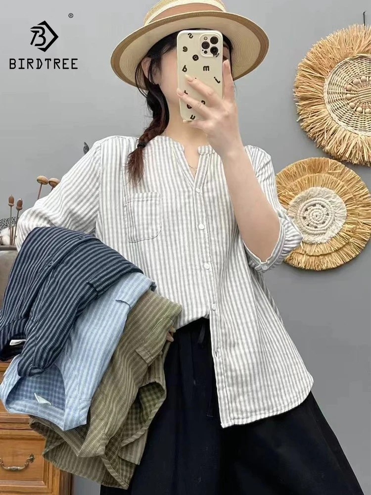 

New 2025 Summer Cotton Yarn Half Sleeve Shirt, Women V Neck Striped Pocket, Mori Girl Casual Versatile Loose Blouse T56490CC