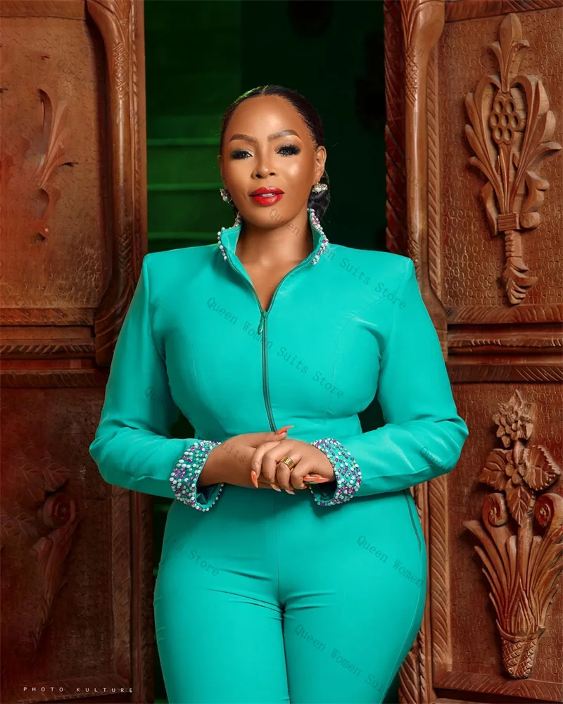 

Bright Blue Women Suit Set 2 Piece Zipper Blazer+Pants Trousers Formal Office Lady Jacket Cotton Wedding Bride Coat Customized