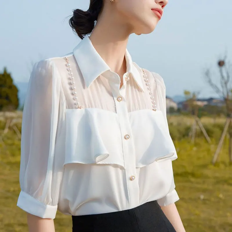 Korean Solid Color Shirt Stylish Pearl Chain Office Lady Summer New Ruffles Spliced Female Chic Single-breasted Polo-Neck Blouse