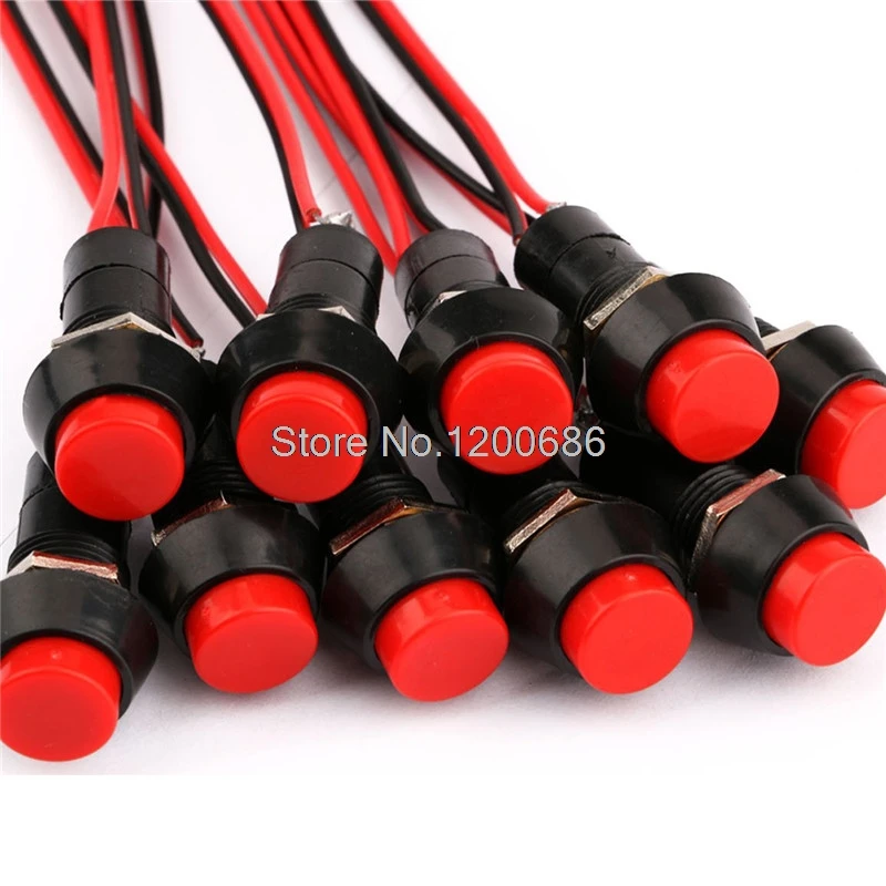 12mm 12V Momentary On Off Push Button Switches Round Red Cap Switch with 15cm Lead PBS-11B