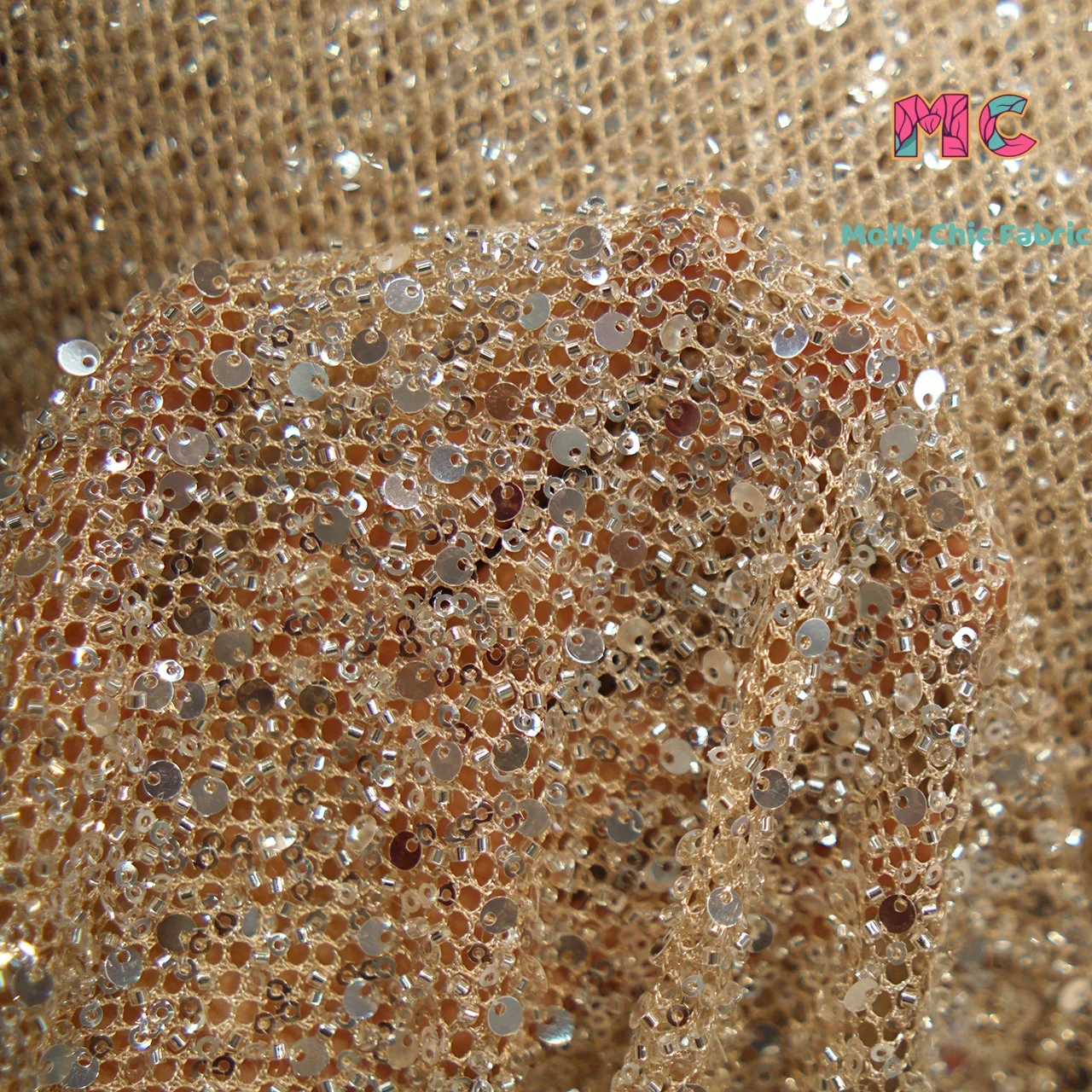 New nail bead sequin hollow mesh fabric sewing wedding dress, evening gown, stage performance costume diy fabrics for sewing