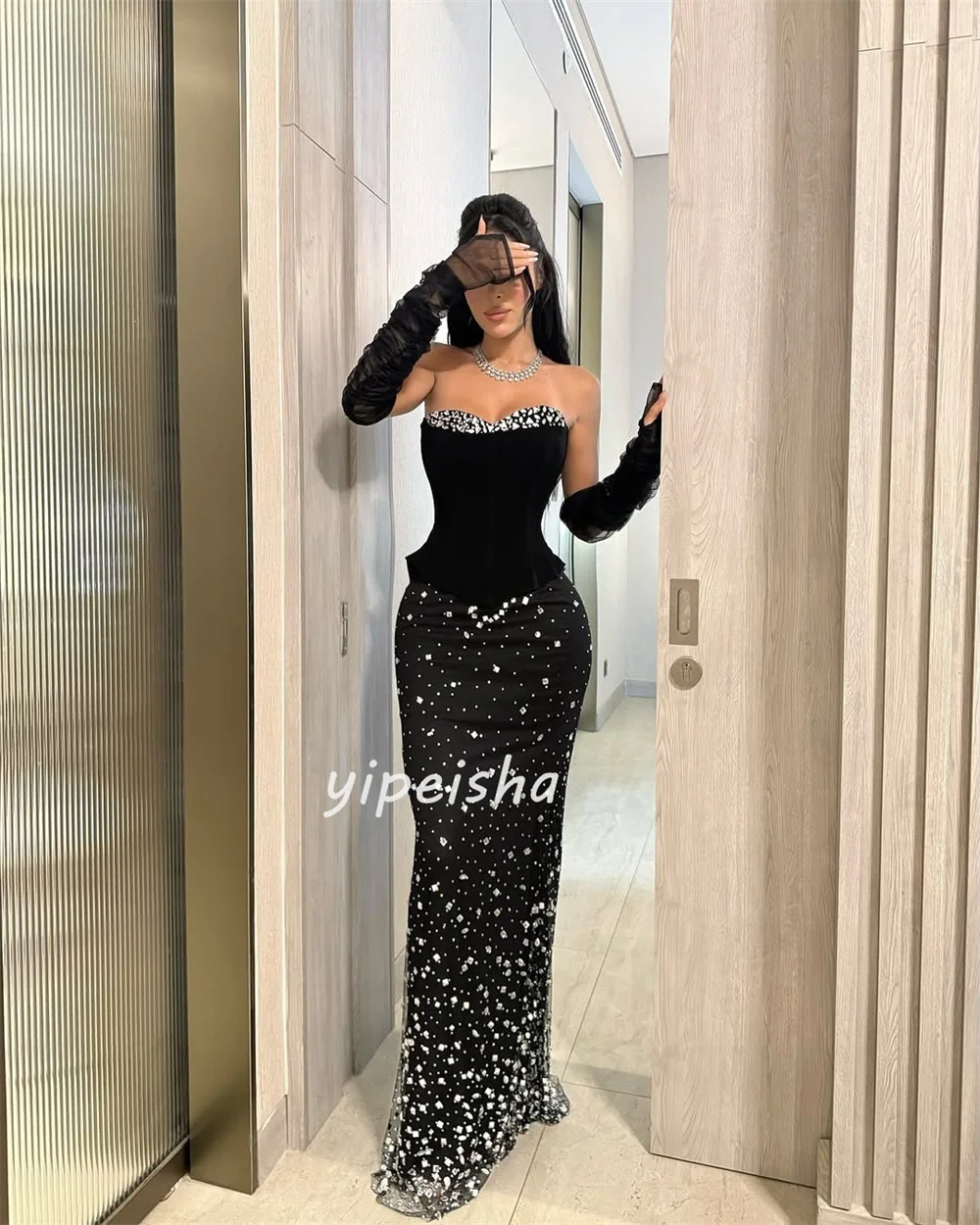 Customized Intricate Fashion Jersey Rhinestone Beading Column Strapless Long Dresses Bespoke Occasion Dresses Elegant Matching image 3