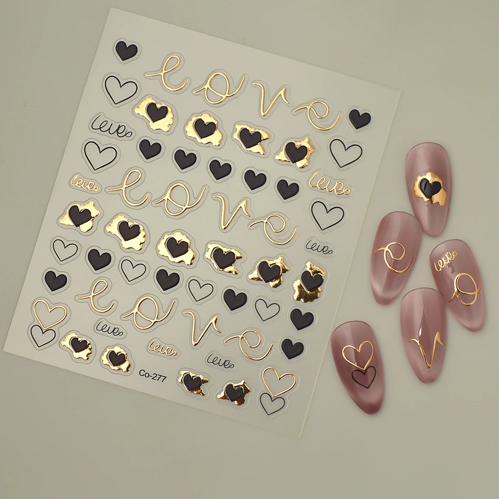 Goud En Zwart Hart Design Nagelsticker Zelfklevende Reliëf Gouden Liefde Diy Nagel Emblemen Folies Wraps Decoraties CO-277