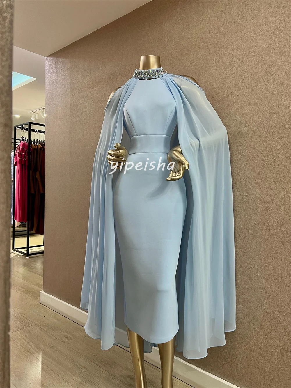 Элегантный трикотаж высокого качества по индивидуальному заказу со стразами, плиссированные колонны с высоким воротником, платья чайной длины, классические платья на заказ