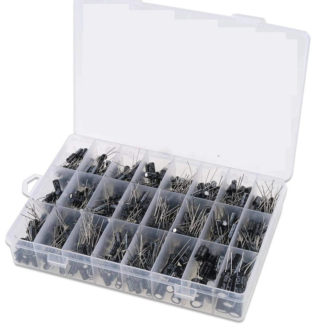 24 Values Electrolytic Capacitor Assortment Kit from 0.1uF to 1000uF 10V 16V 25V 50V in-line Aluminum Capacitors Set