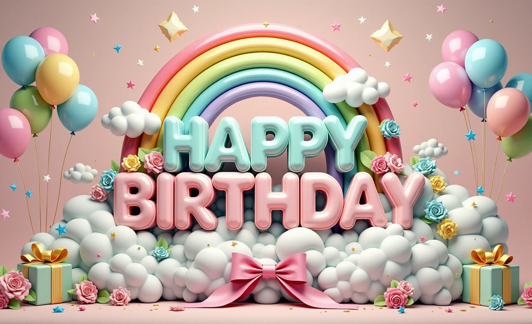 3D Balloon Rainbow Happy Birthday Party Background 3D Balloon Rainbow Macaron Colorful Balloon Gift Children Birthday Backdrop